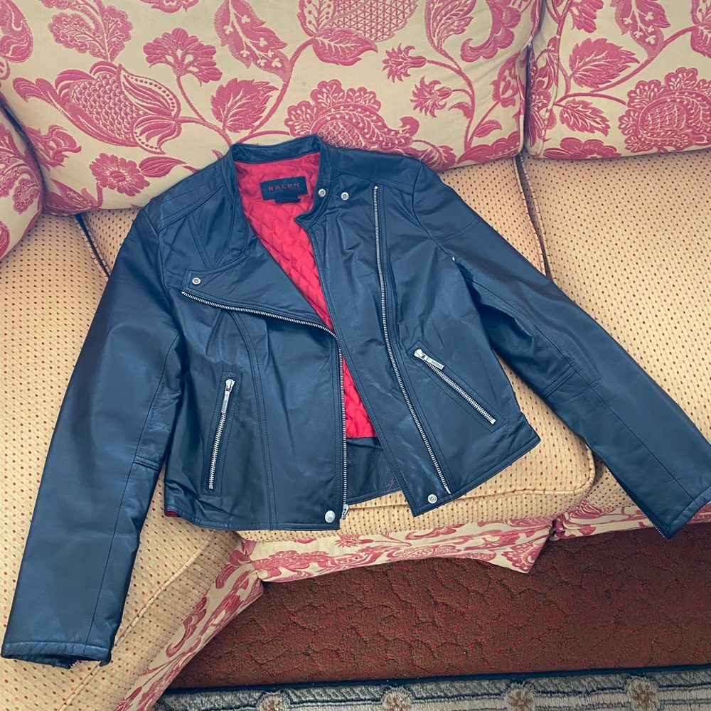 Ralph Lauren black leather jacket, size L, front zipper tab came off but it zips